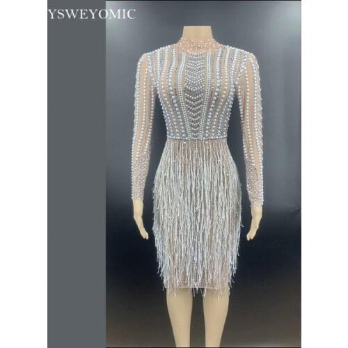 2021 Sparkly Rhinestone Pearl Fringes Short Dress Women Evening Prom Party Birthday Dresses Sexy Tassel Stage Outfit