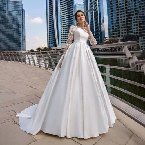 Princess High Neck Lace Long Sleeves with Crystals Matte Satin Wedding Gown with Pocket Illusion Back Embrioder Bridal Dress