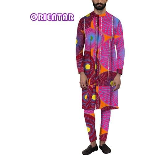ORIENTAR Mens Top Pants 2 Pieces Outfit Set African Clothes Bazin Riche African Clothing for Men Long Shirt with Trouser WYN1534