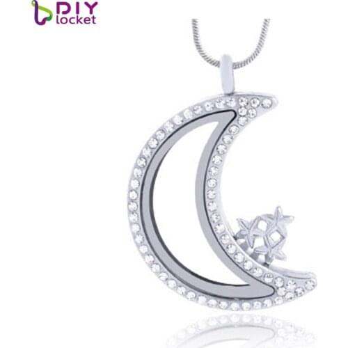 Diylocket 1PCS Silver Color Moon magnetic glass floating charm locket pendant necklace Zinc Alloy (chains included for free)
