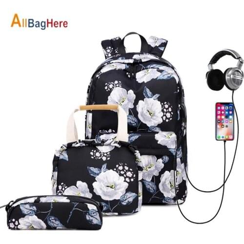 Fashion Floral Girls Backpack Three-piece School Lightweight Bookbags Nylon Waterproof Teen School Bags Set Women Travel Daypack