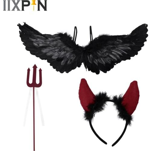 Fancy Halloween Devil Costume Set Feather Wing Devil Horn Headband Trident Cosplay Party Stage Performance Accessories
