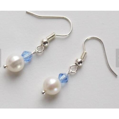 New Favorite Pearl Earrings 4-8mm Blue Crystal Bead White Genuine Freshwater Pearl S925 Silver Dangle Earring Fashion Women Gift