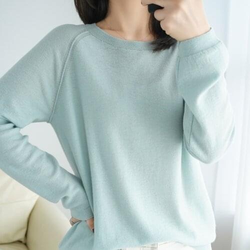 Autumn and winter new pure wool sweater female round neck pullover simple loose long-sleeved wild cashmere knitted bottoming