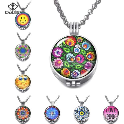 ROYALBEIER 1pc Aroma Open Antique Vintage Locket Pendant Perfume Round Shape Aromatherapy Diffuser Necklace Locket 80Cm Charms