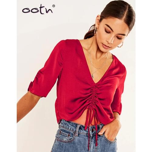 OOTN Sexy Red Short Sleeve Womens Tops And Blouses Lace Up V Neck Ladies Feminine Pleated Za Fashion Blouse Summer 2019 Casual