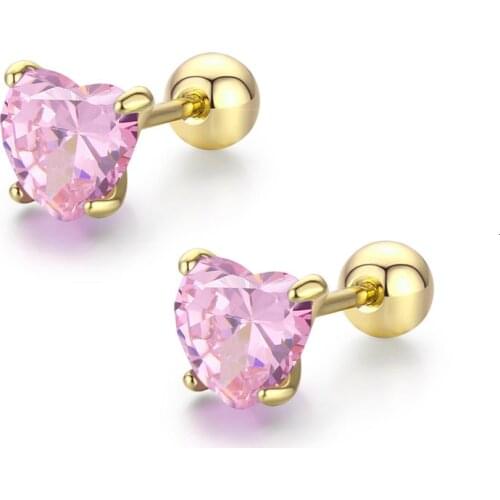 Cute Peach Heart Cut Pink CZ Stone Screw Back Stud Earrings For Women Baby Kids Girls Gold Color Piercing Jewelry Oorbellen Aros