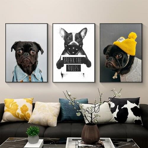 Funny Pug Dog Nursery Wall Art Canvas Painting Nordic Animal Pet Dog Posters and Prints Pictures for Baby Kids Living Room Decor
