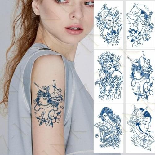 Juice Waterproof Temporary Tattoo Stickers Prajna Mask Japanese Geisha Girl Flower Sword Art Fake Tatto 7-15 Days for Men Women