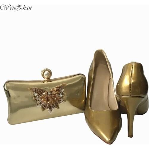 WENZHAN Nigerian Women Party Pumps High Heels Shoes And Bags To Match Women Wedding Elegant Shoes Gold 36-43