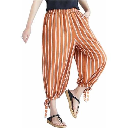 Fashion Plus size XXL-5XL Summer Bloom Pants Women 2019 Striped Print Elastic waist Casual Pants Female Calf-Length Pants G186