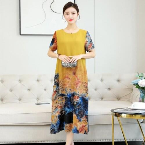 Women Long Dresses Summer Vintage Printed shot Sleeve Dress O-neck Collar Casual Bohemian Loose plus size Robe