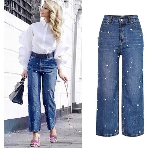 Sherhure 2020 High Waist Pearl Beading Wide Leg Straight Women jeans Denim Pants Pantalon Femme