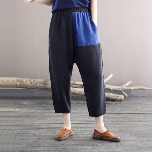 Women Summer Elastic Waist Patchwork Linen Pants Ladies Vintage Flax Harem Pants Female 2021 Linen Trousers