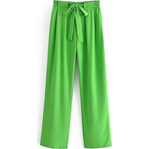 MESTTRAF Women 2021 Fashion Green Color Pleats Design Wide Leg Pants Ladies Elastic Waist Trousers Leisure Loose Pants
