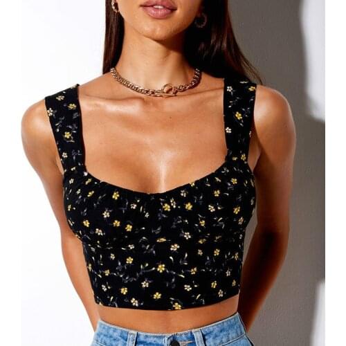 Womens Camisole Sweet Sleeveless Square Collar Sling Crop Tops Summer Fashion Lady Flowers Print Bustier Tube Tops Vest