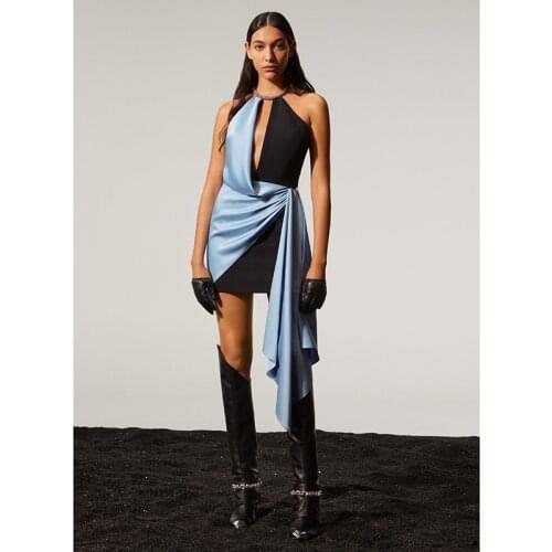 Blue Black Patchwork Pleated Casual Slim Diamonds Women Summer Mini Party Dress Sexy Halter Hollow Out Nightclub Vestidos BD2089