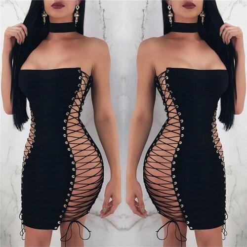 Black Strapless Sexy Bandage Dresses 2020 Women Summer Sleeveless Hollow Out Lace Up Party Bodycon Mini Dress Clubwear Vestidos