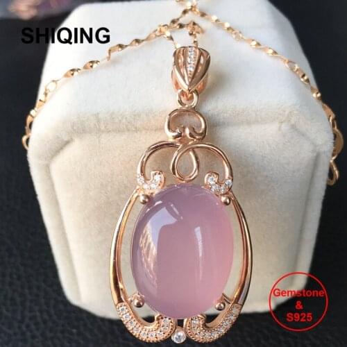 SHIQING Gemstone store nature pink chalcedony 925 sterling silver fine oval necklace for women