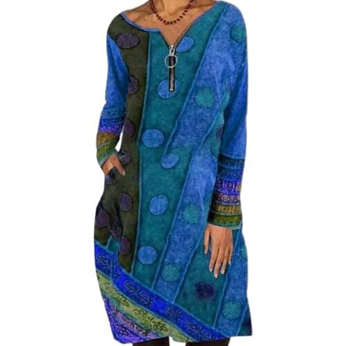 Plus Size Dress Women Vintage платье O Neck Long Sleeve Zipper Digital Ethnic Print Knee-length Dress Mom