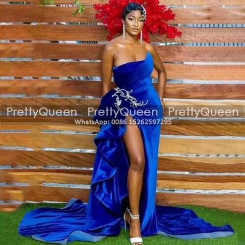 Ruffles High Split Mermaid Prom Dresses Royal Blue Velvet With Beads Strapless Long Court Train Celebrity Dress Party Gown