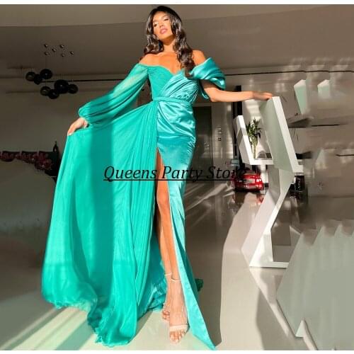 Unique Prom Dresses Party Gowns V Neck Long Sleeves Pleat High Split Sweep Train Sexy New Arrival Evening Dress