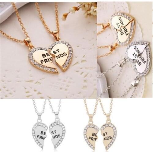 1 Pair Best Friend Gold / Silver Color Rhinestone Split 2 Parts Heart Friendship Pendants Necklace Girlfriends Women Accessories
