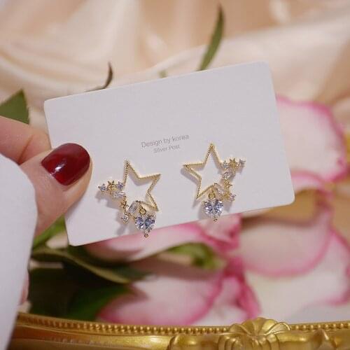 14k Real Gold Plated Fashion Jewelery Crystal Star Love Exquisite Stud Earrings for Woman Holiday Party Elegant Earring
