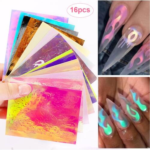 16pcs 3D Holographic Fire Flame Nail Vinyls Sticker Glitter Laser Flames Nail Art Foil Transfer Sticker Decal Decorations Set #E