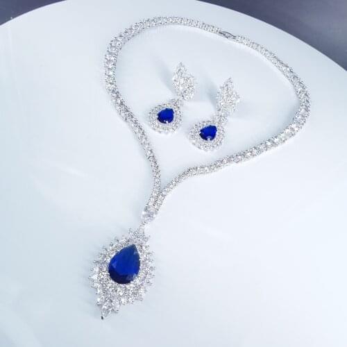 2020 NEW FASHION blue water drop CZ crystal zircon necklace earring jewelry set women dressing wedding jewelry free shipping