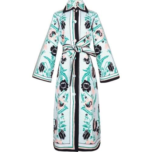 2021 spring new women green loose dress plant flower printed straight dress with sashes XXL High Street dresses with button