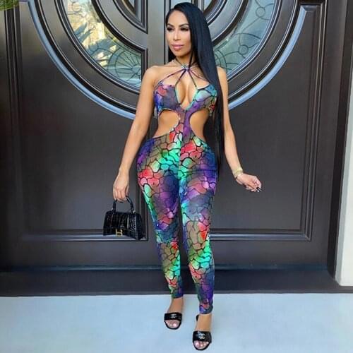 2021 Fashion Women Bandage Bodycon Jumpsuit Tie Dye Straps Halter Sexy Jumpsuits for Women Boho Skinny Rompers for Women 2021