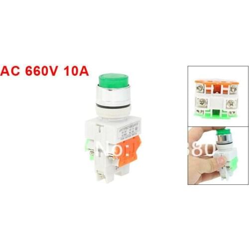 AC 660V 10A DPST 4 Screw Terminal Green 220V Signal Light Lamp Momentary Non-Lock Push Button Switch 1 NO 1 NC 22mm 7/8"