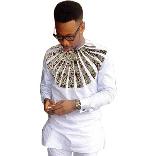 African fashion shirts men ankara print long sleeve dashiki shirts white cotton and wax patchwork o-neck top of africa clothing