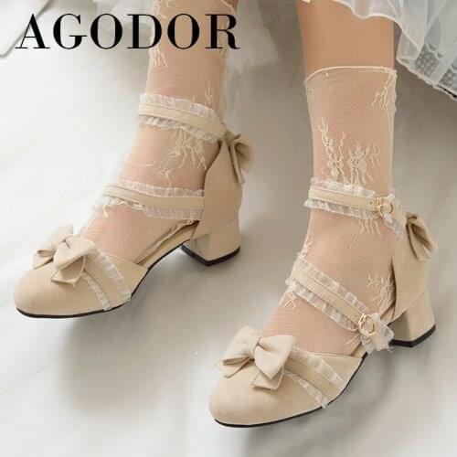 AGODOR Lolita Shoes Women Med Heels Ankle Strap Thick Heel Pumps Bow Buckle Female Dress Footwear Sweet Spring Beige Big Size 43