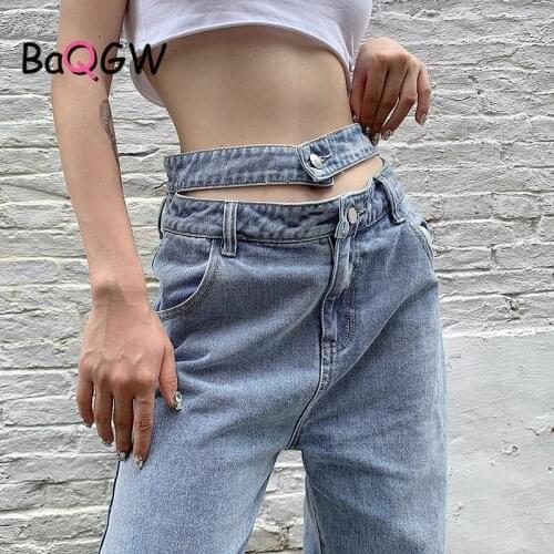 BaQGW Sexy High Waist Cutout Jeans Pants for Women Streetwear Fashion Button Zip Joggers Female Straight Pants Harajuku Trousers