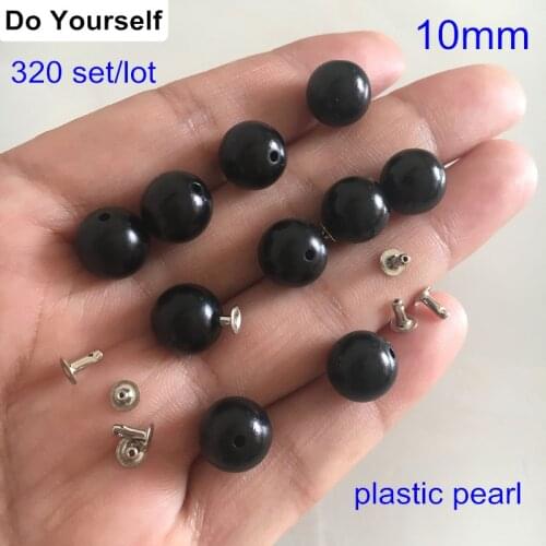 Free Shipping-320 sets Round Black Pearl Rivet Studs 10mm Pearl Rivet Spikes For Clothing,Leather Decoration,Plastic Pearl Rivet