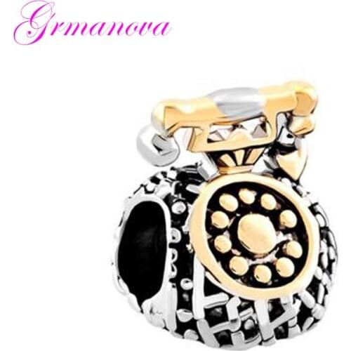 Jewelry Antique Telephone Charm Silver and Gold Tone Beads Fit Pandora Bracelet Necklace