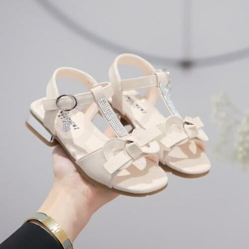 Glitter Sandals Girls Bowknot Flat Casual Beach Shoes Light-weight Pu Leather Slip-resistant Princess Bohemian Sandals #27-37