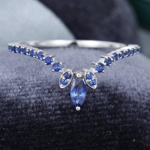 EDI Natural Marquise Cut Sapphire Wedding Band 14k White Gold Gemstone Anniversary Ring Stacking Matching Bridal Promise Gift