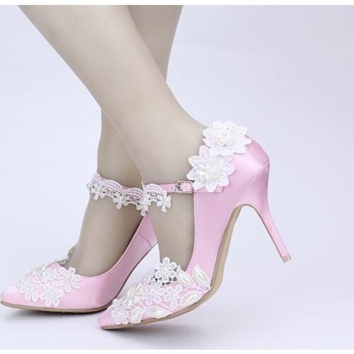 Elegant Sparkling Lace Flower Pumps opular Pointed Toe High Heel Wedding Shoes Ankle Straps Party Women Shoes Bridal Dress Shoes