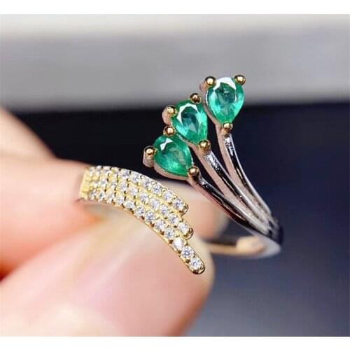 Natural real emerald flower ring Per jewelry 3*4mm 0.2ct*3pcs gemstone 925 sterling silver Fine jewelry Q2142410