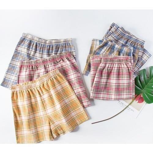 Summer Womens Pants Plaid Pajamas with Shorts Cotton Light Bottoms Soft Wide Fashion 2021 Muslin for Sleep Lounge Bottom Wear
