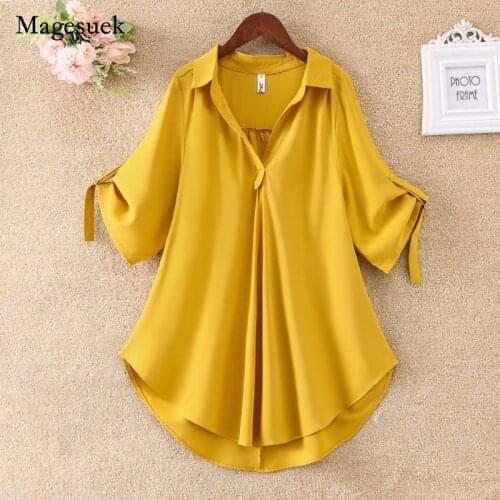 Fashion Short Sleeve Chiffon Shirt Women 2021 Summer Solid New Plus Size Blouse Loose Waist Slim Chiffon Tops Women Blusas 14316