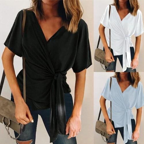 Fashion Womens Blouse Bandage Solid Color Tee Shirt Women Elegant Short Sleeve Tops Sexy Office Lady Shirts Blusas Summer Tops