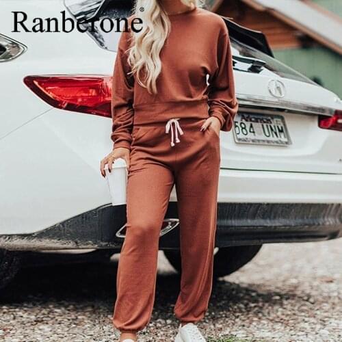 Ranberone Fashion Womens Tracksuit Fitness Sportswear Pullover Round Neck Sweatshirt Trousers Suit Casual Two Piece Jogging Set