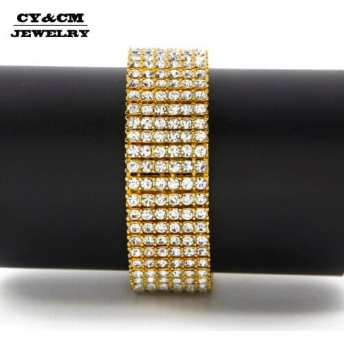 CY&CM Hip hop Men Bracelet Bangle Iced Out Gold Silver Color 6 Row Bling AAA Rhinestones Crystal Chain Rock Punk Jewelry 20cm