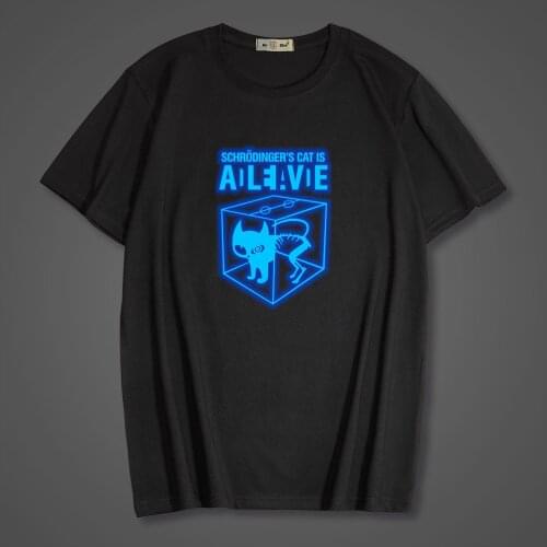 2021 Summer New Schrodingers Cat Fluorescent Luminous Men T-shirt 100% Cotton Casual Short Sleeve Kids T-shirt Streetwear Tops