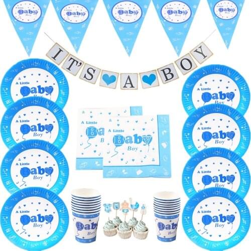Newborn Baby 1st Birthday Party Blue Theme Disposable Tablewares Gender Reveal Party Decoration Supplies Paper Plate Cups Napkin