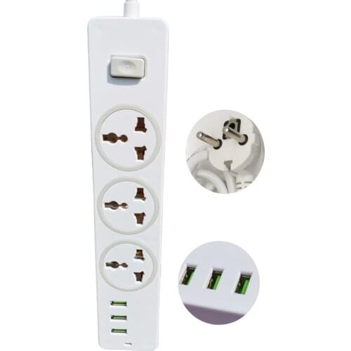 With 3 AC Outlet 3 USB Port Charger Power Strip EU Plug 2M Extension Cord Universal Socket 2500W Indicator Light Home Office